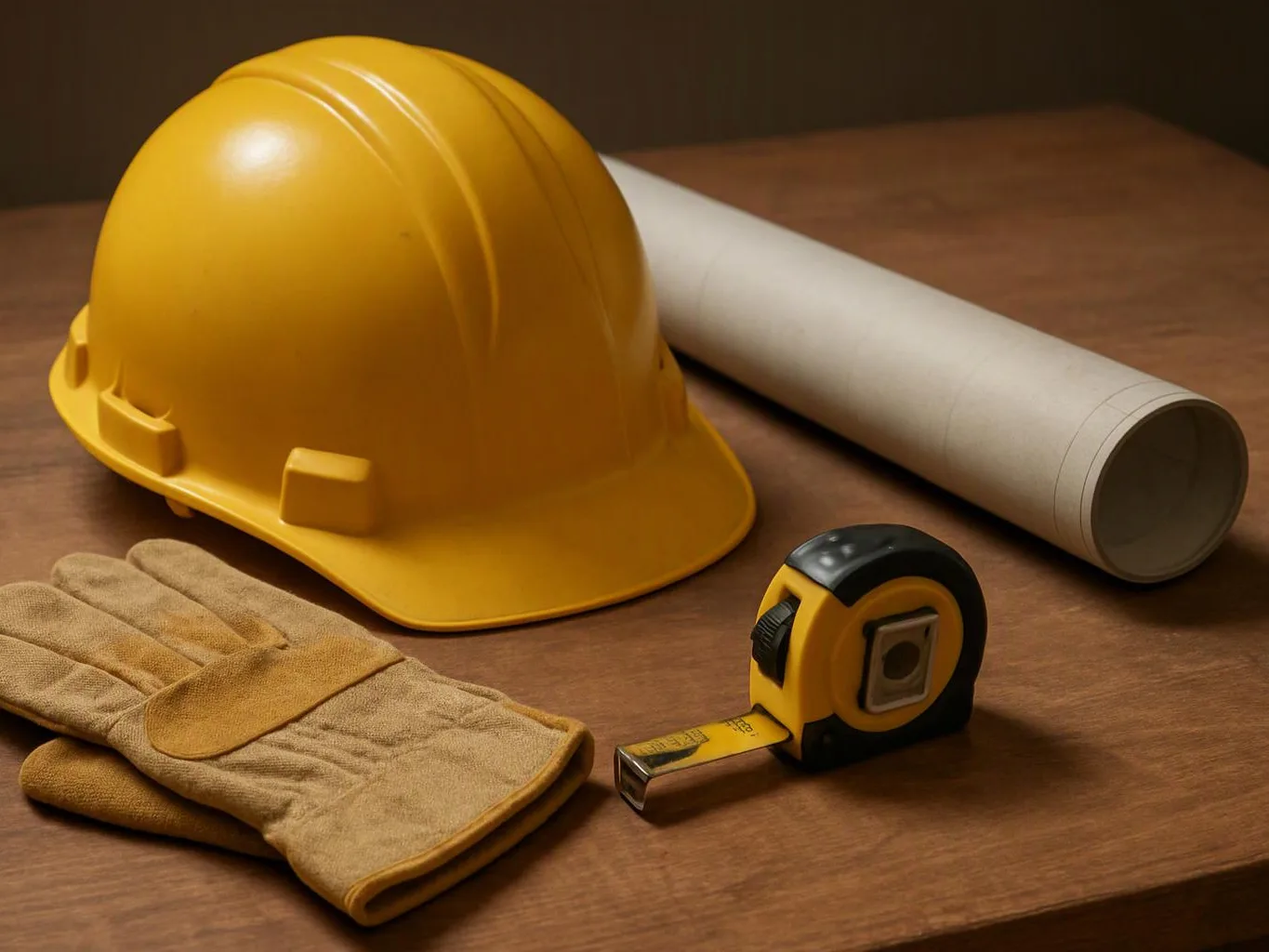 A yellow hard hat, rolled blueprint, work gloves, and tape measure sit on a wooden table