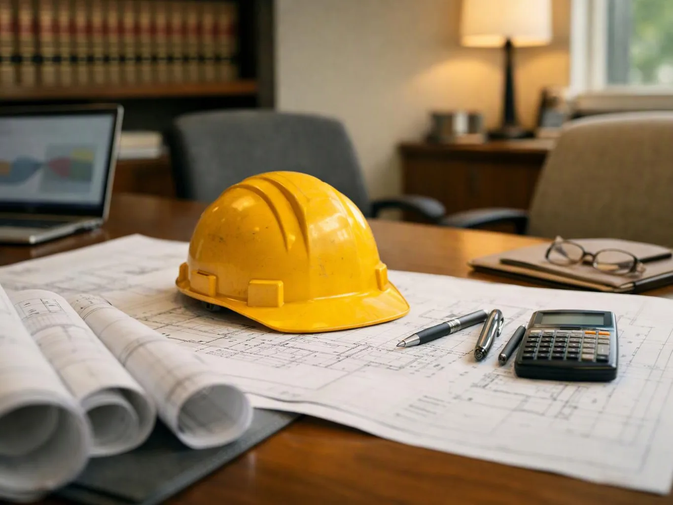 A yellow hard hat sits on rolled blueprints beside pens, glasses, and a calculator on a desk in an office